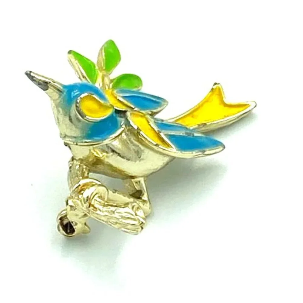 Vintage Enamel Swallow Bird on Branch‎ Pin Brooch Colorful